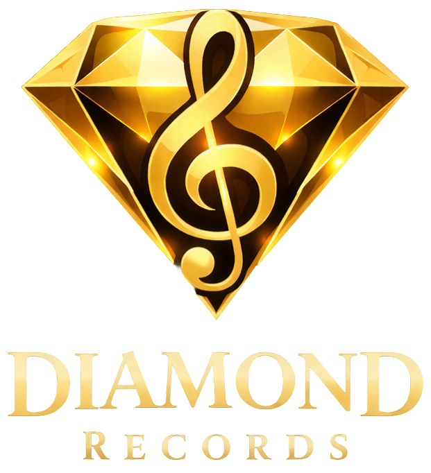 Golden treble clef on diamond with text.