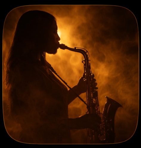 Silhouette of woman playing saxophone in fog.