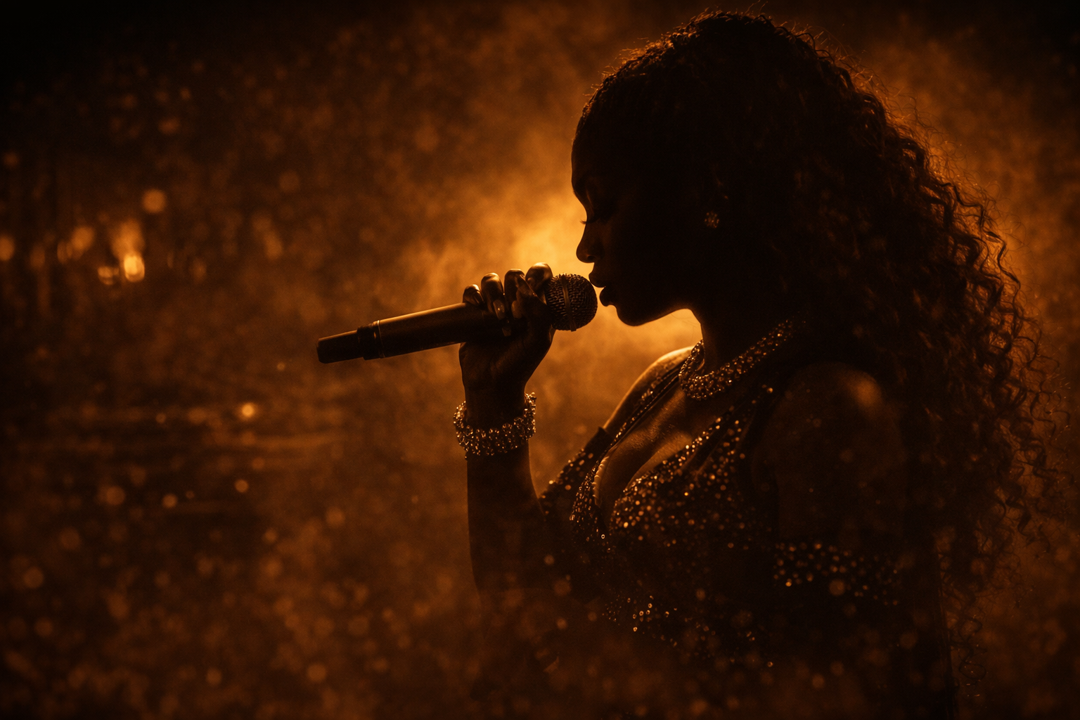 Silhouette of singer performing on stage.