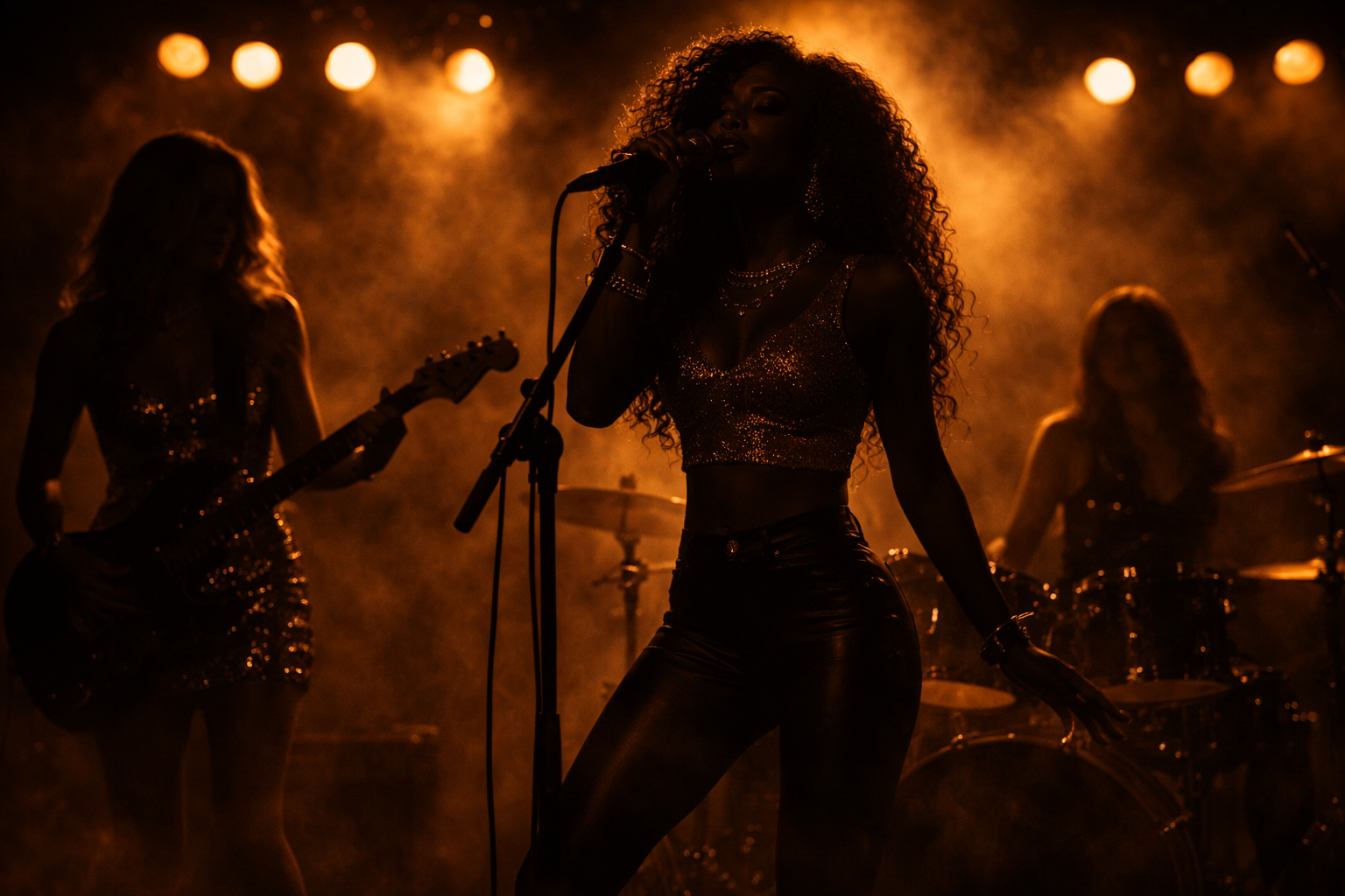 Singer performing on stage with band.