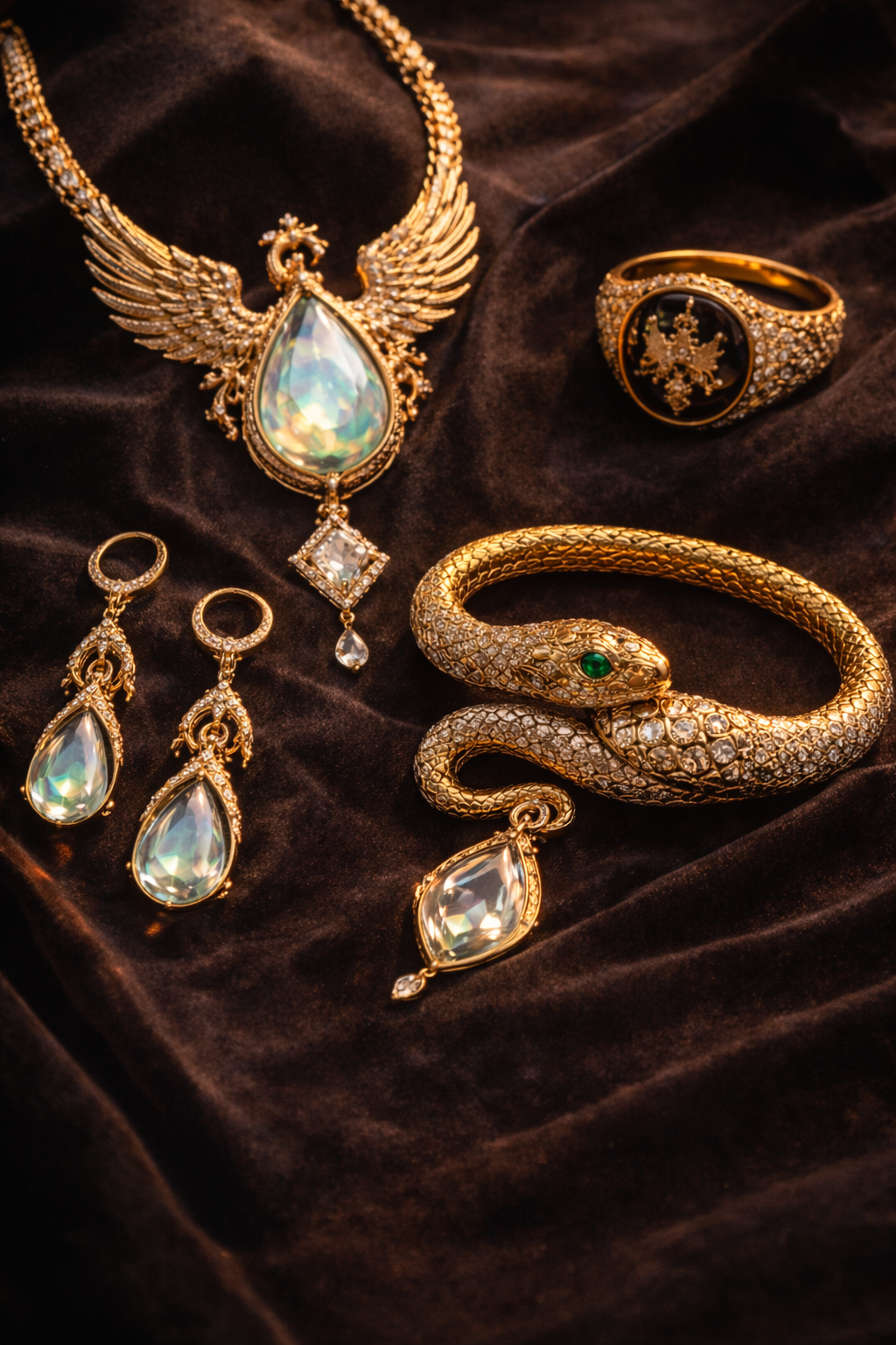 Gold jewelry set with gemstones on velvet.