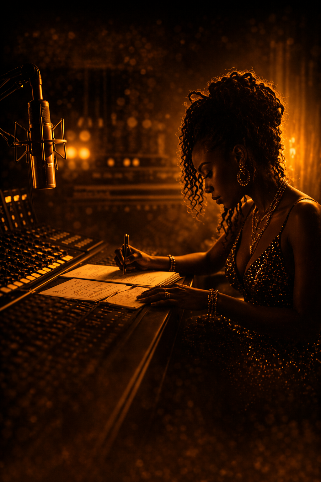 Woman writing music in recording studio.