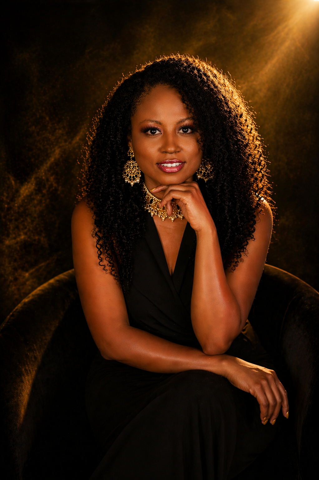 Woman posing confidently in elegant black outfit.