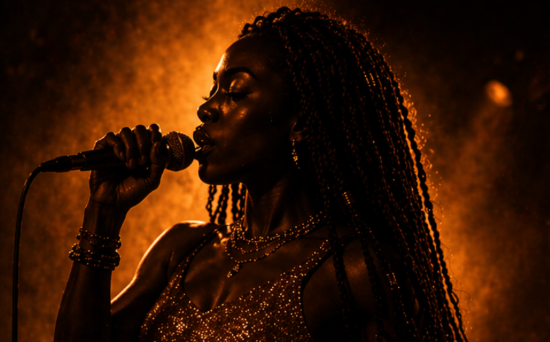 Singer performing passionately with microphone on stage.