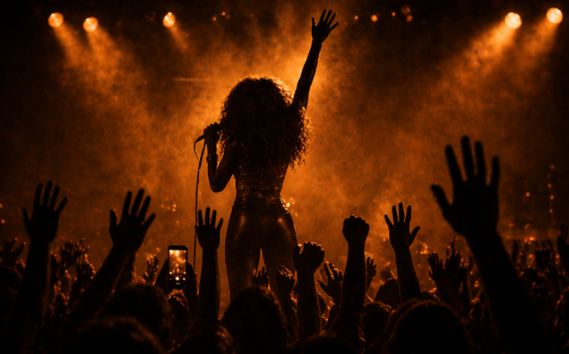Singer performing on stage with audience cheering.
