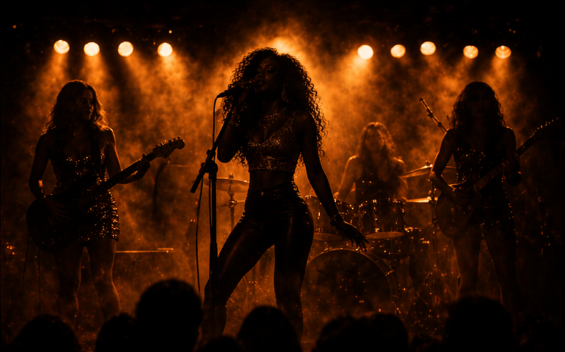 Band performing on stage with warm lighting.
