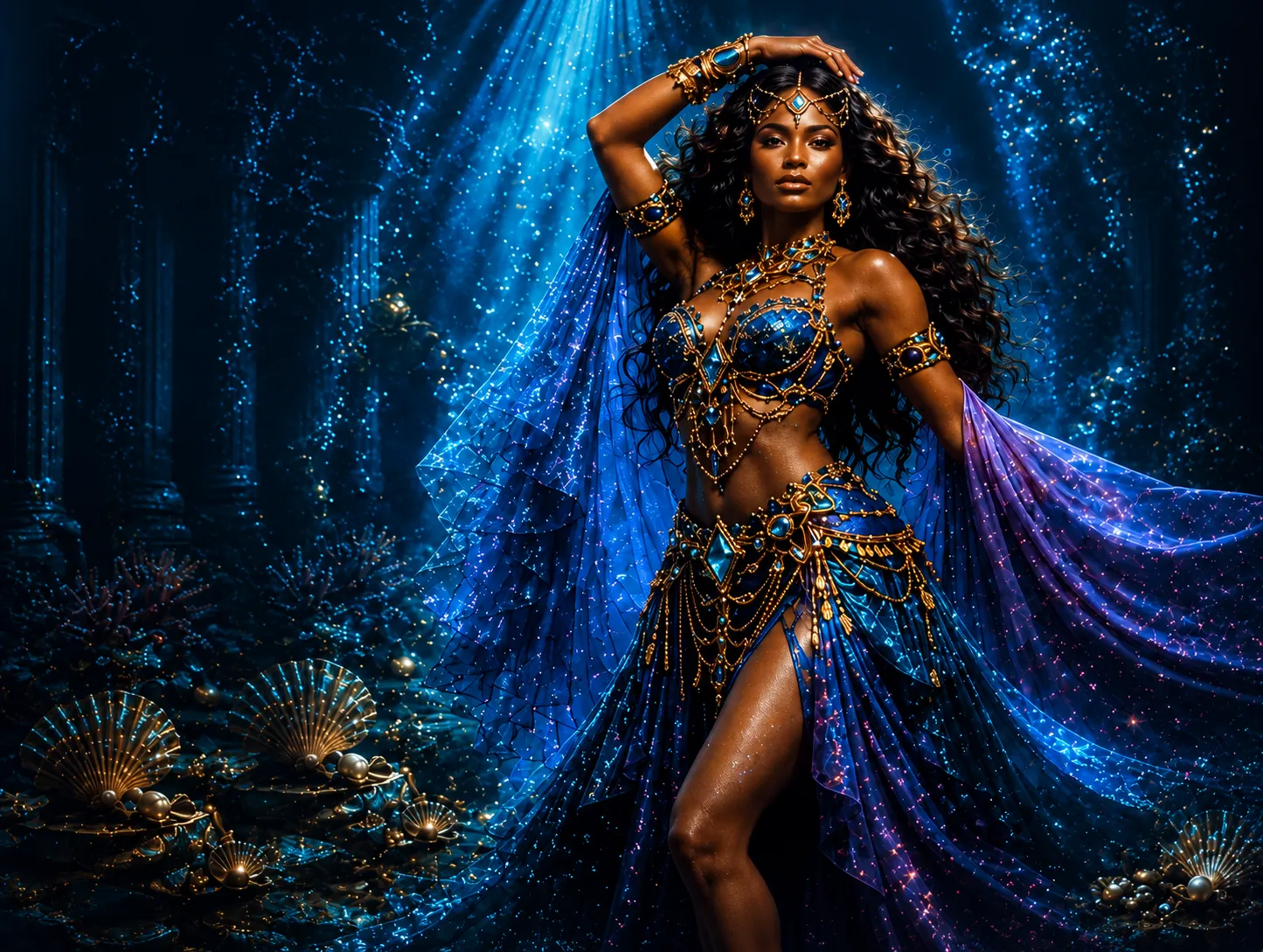 Fantasy woman in sparkling blue costume dancing.