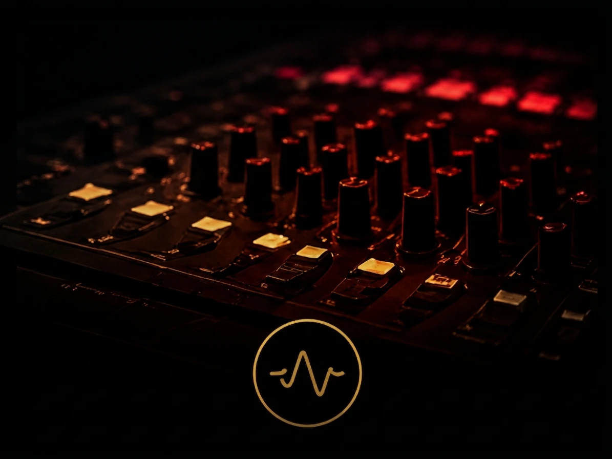 Audio mixer with glowing red lights.