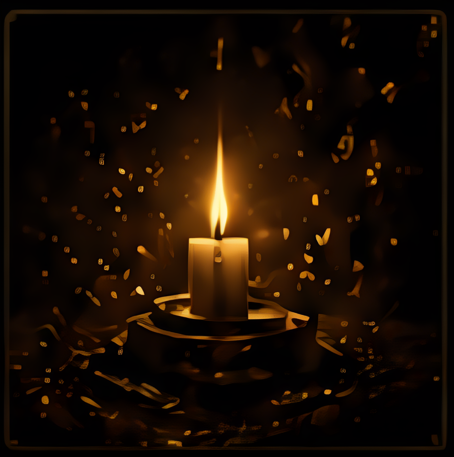 Candle with glowing flame in darkness.