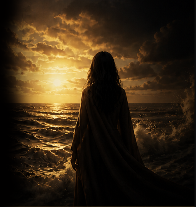 Silhouette of person facing dramatic ocean sunset.
