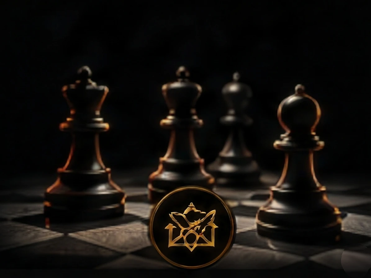 Chess pieces with a glowing emblem overlay.