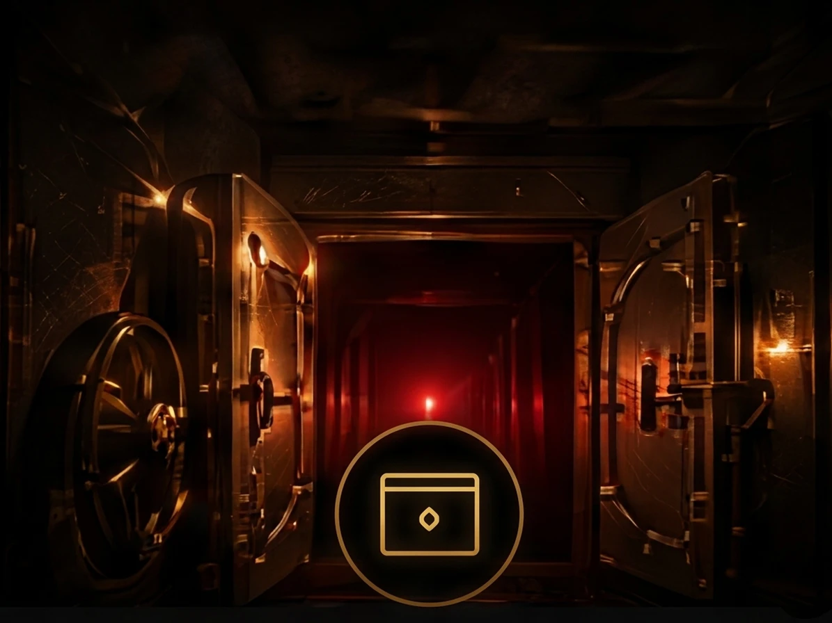 Open vault with glowing red light inside.