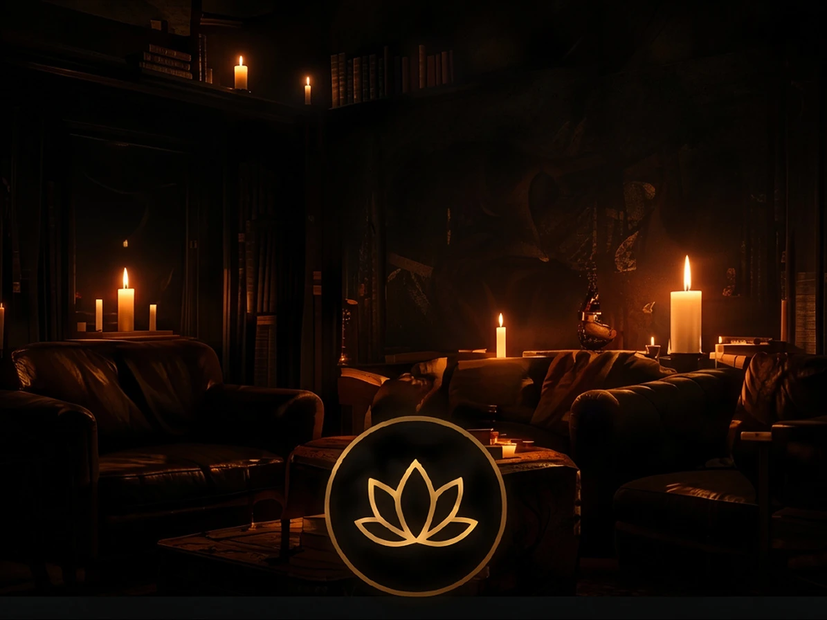 Dimly lit room with candles and chairs.