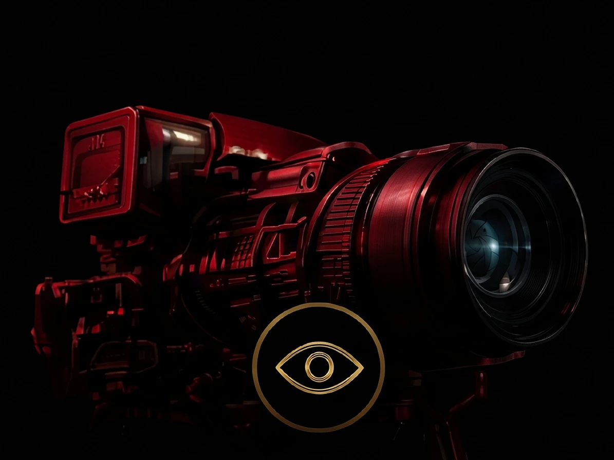 Red camera with lens, black background.