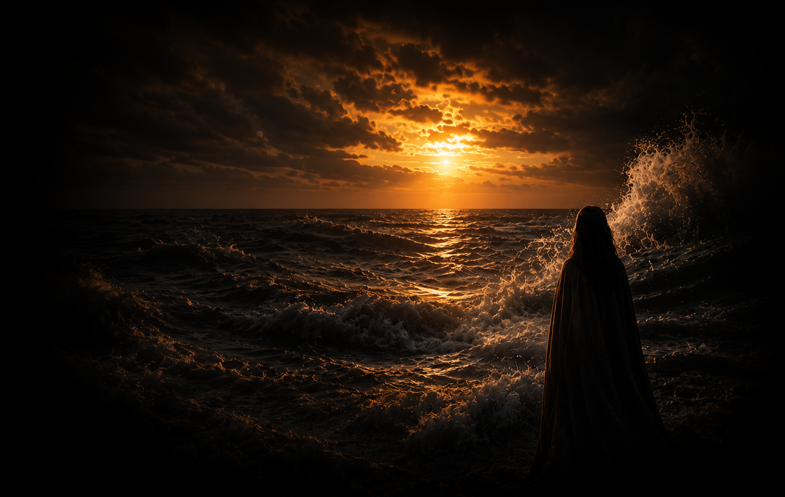 Silhouette watching dramatic ocean sunset scene.