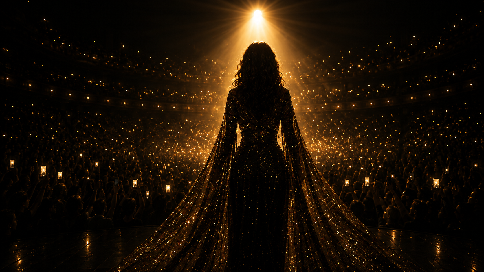 Singer on stage with dramatic lighting.