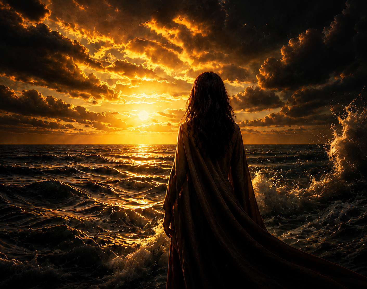 Person facing ocean at dramatic sunset.