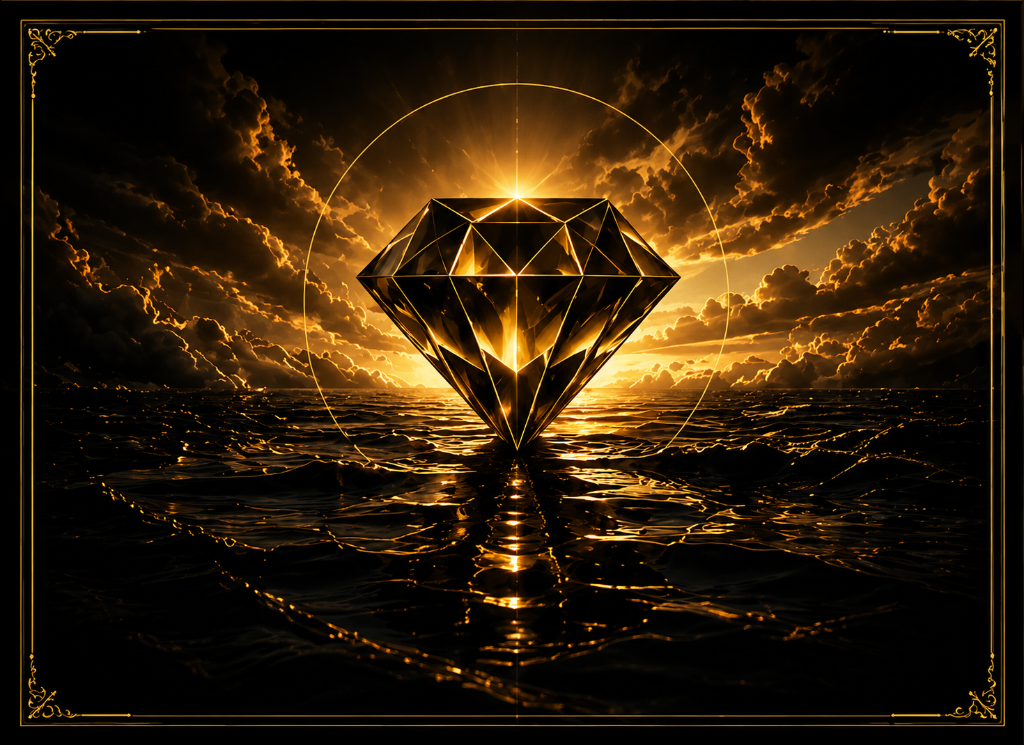 Golden diamond floating above reflective water.