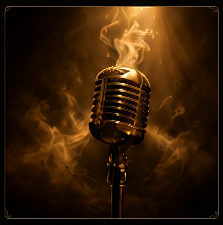 Vintage microphone surrounded by dramatic smoke.