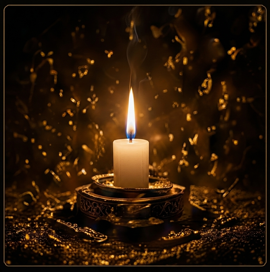 Lit candle with ornate holder in darkness.