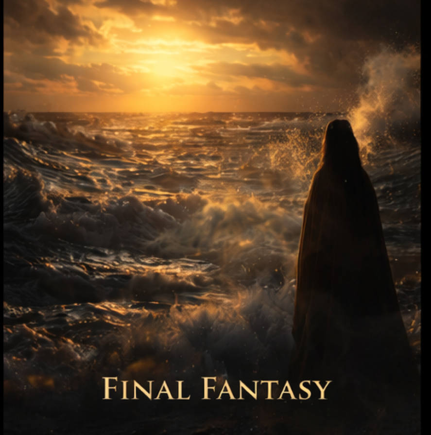 Person overlooking ocean at sunset, "Final Fantasy".