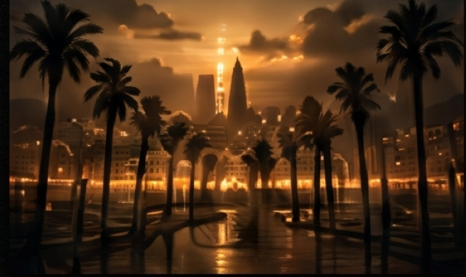Illuminated cityscape with palm trees at dusk.