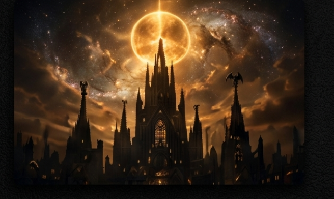 Gothic cathedral under dramatic celestial sky.