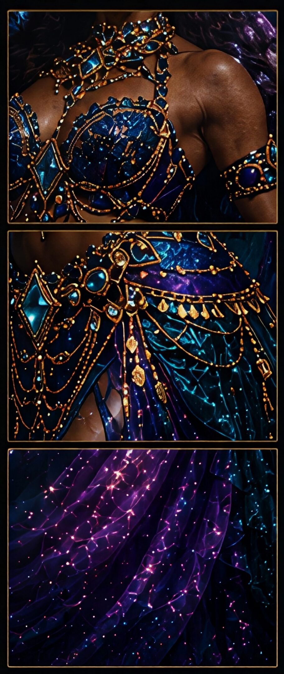 Ornate jeweled costume with sparkling purple fabric.