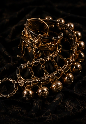 Gold jingle bells on dark fabric background.