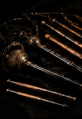 Vintage telescopes and compasses on dark background.