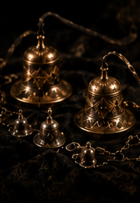 Ornate brass bells on dark background.