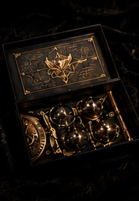 Ornate black and gold decorative box contents.
