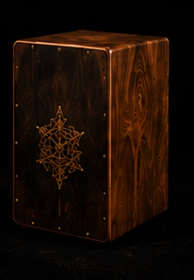 Wooden cajón with intricate geometric design.