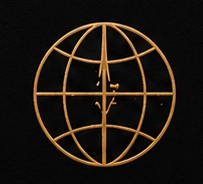 Gold globe design on black background.