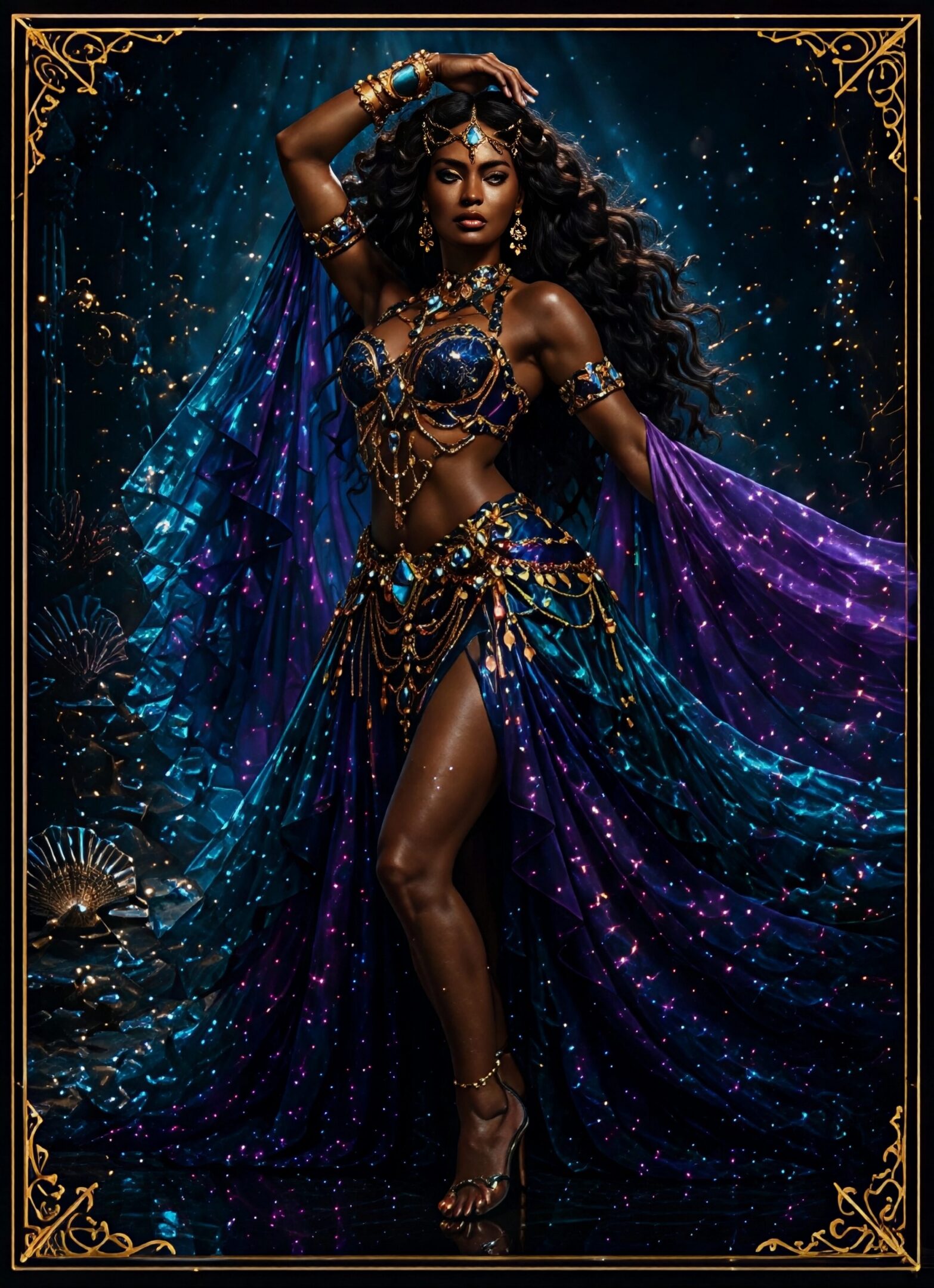 Mystical woman in ornate, flowing cosmic attire.