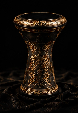 Ornate dark goblet with gold engravings.