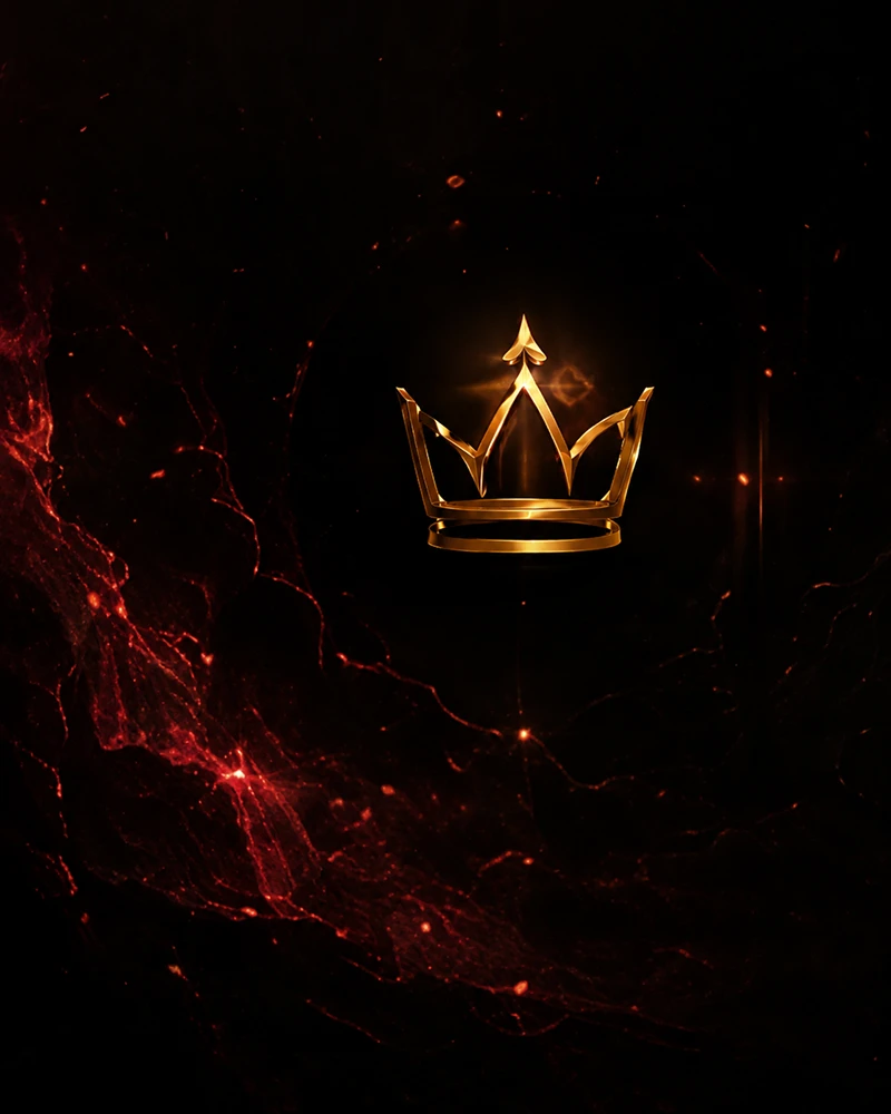 Golden crown on dark, fiery background.