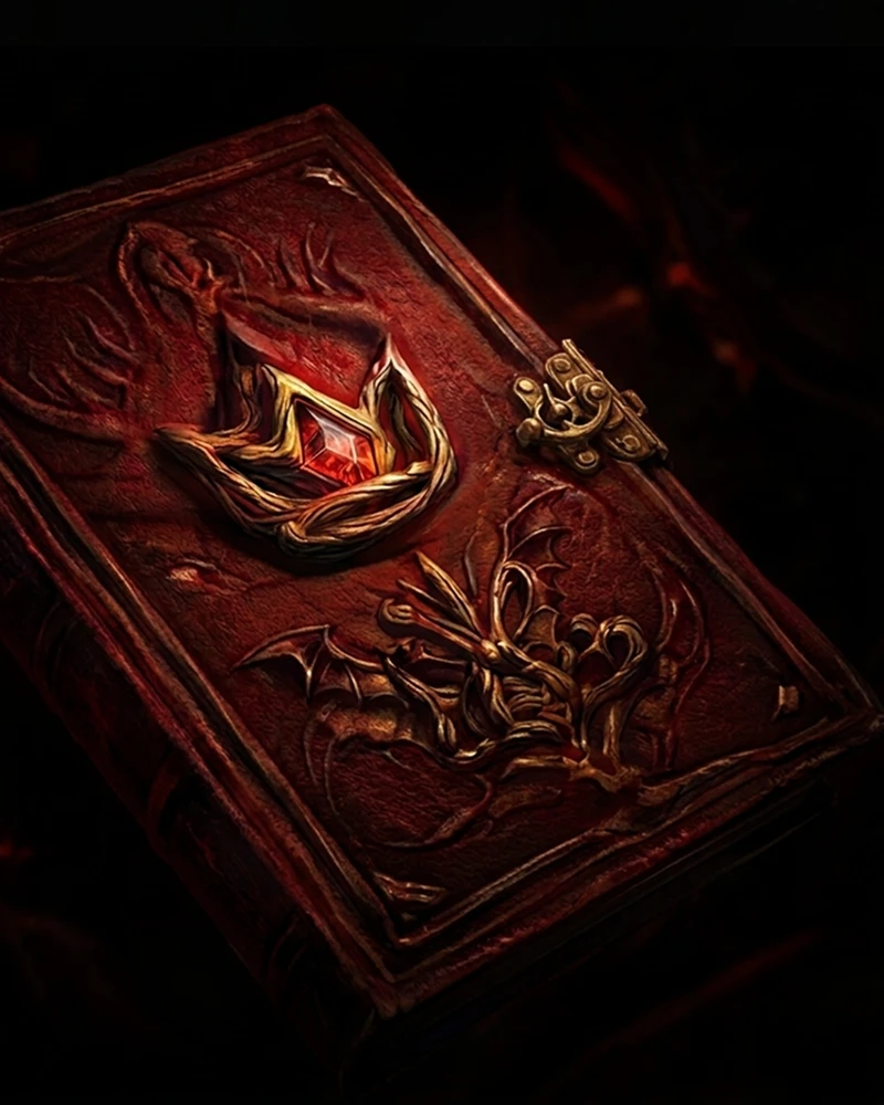 Ornate red book with intricate golden designs.