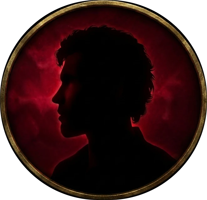Silhouette of person against red cloudy background.