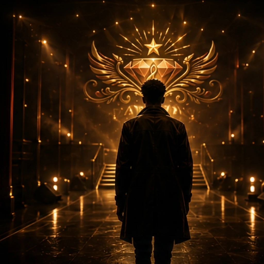 Man standing before illuminated award stage backdrop.