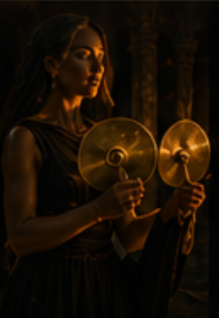 Woman holding golden cymbals in darkness.