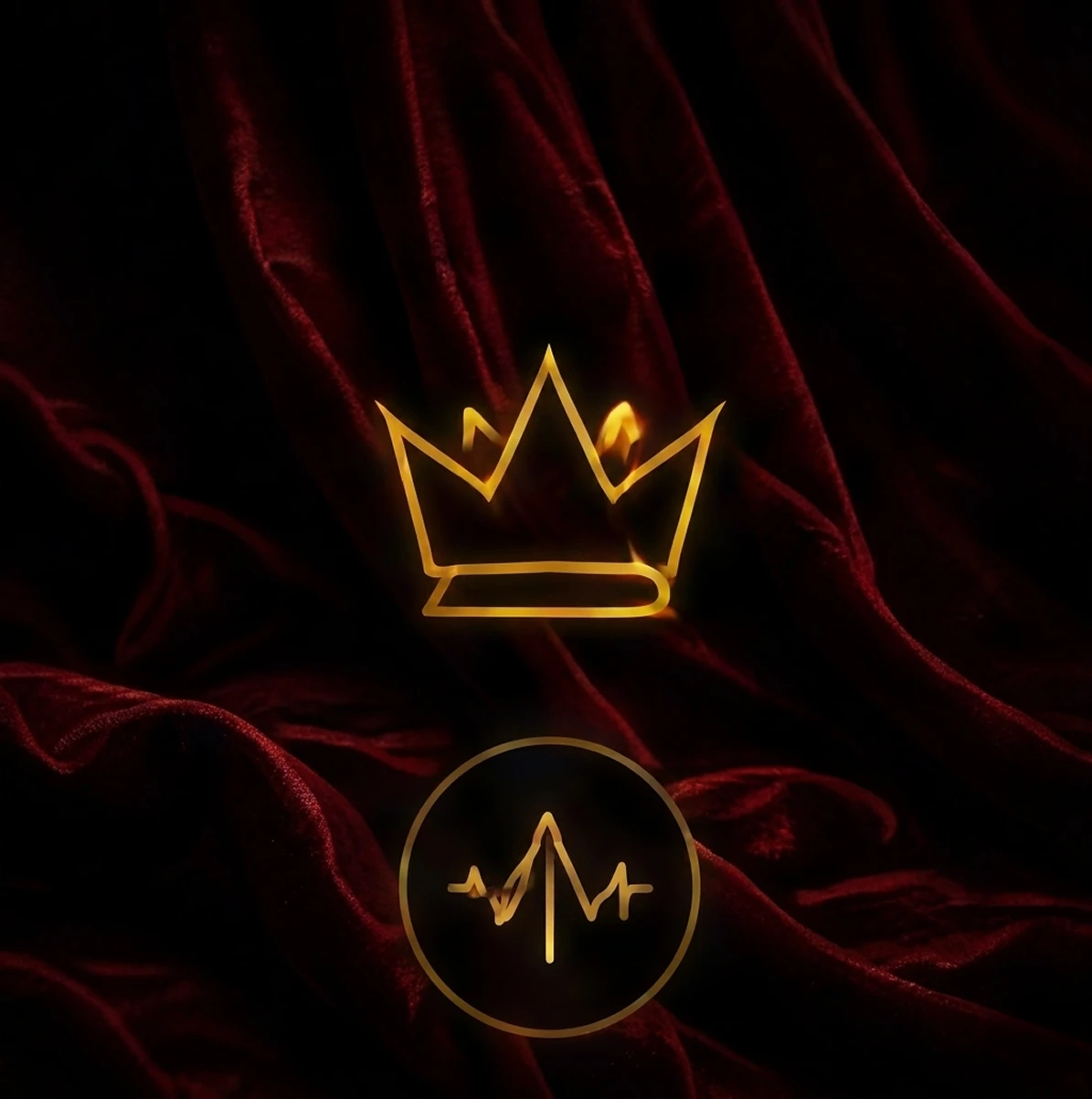Golden crown and pulse symbol on velvet.