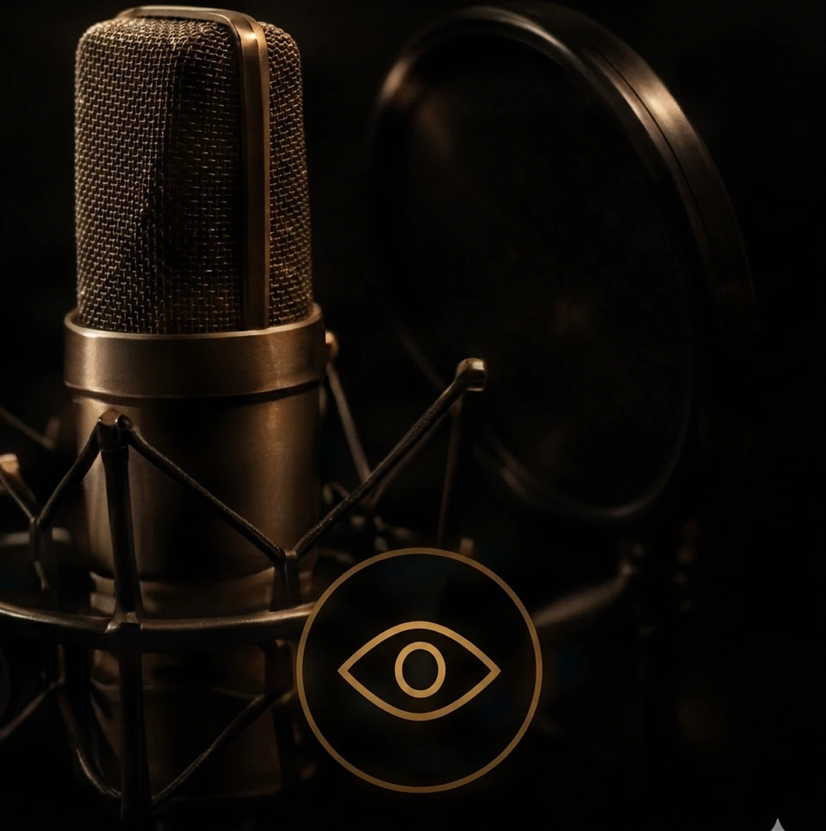 Microphone and pop filter in dark setting.