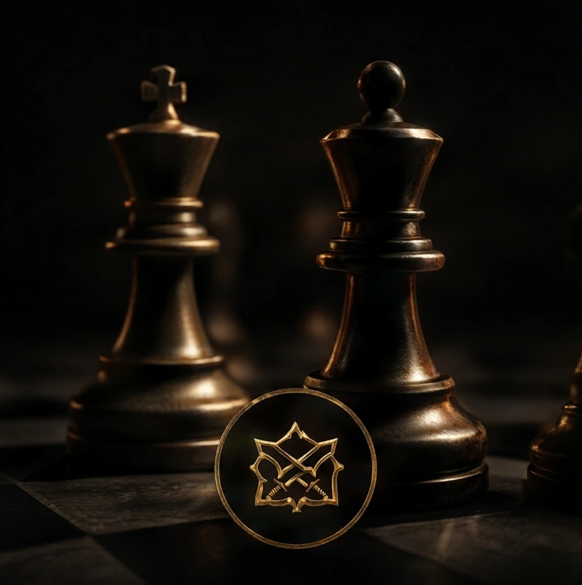 Chess pieces with a decorative coin.