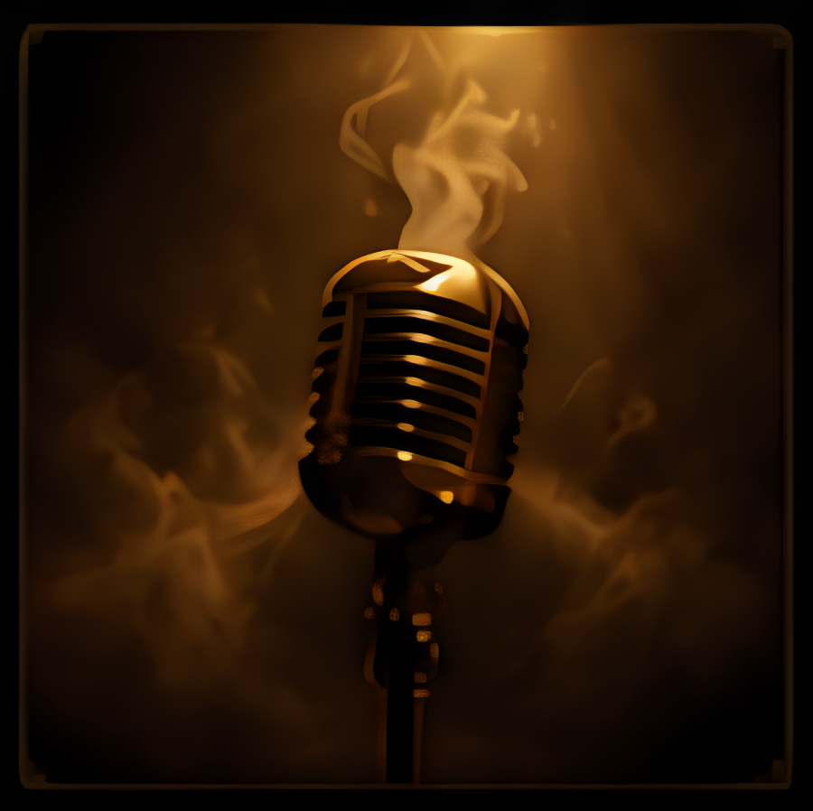 Vintage microphone surrounded by swirling smoke.