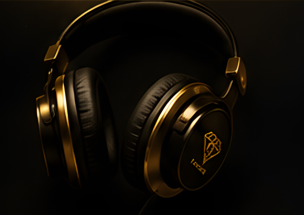 Gold and black headphones on dark background.