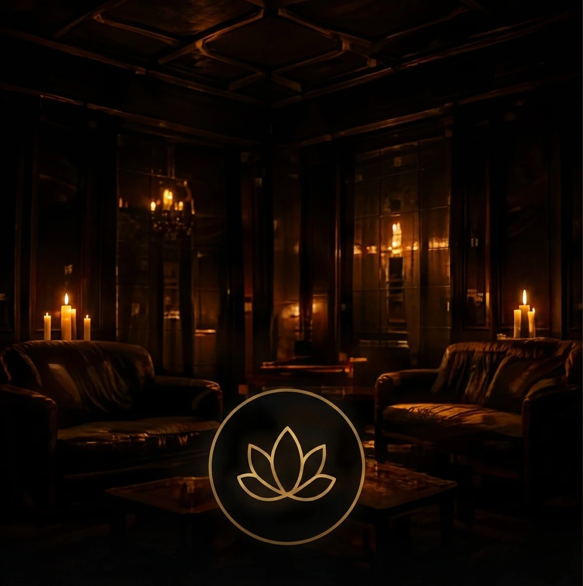 Dimly lit room with candles and sofas.