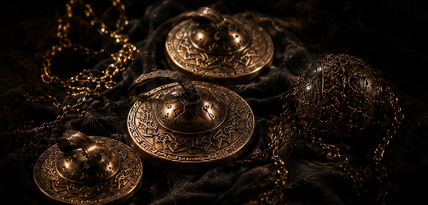 Ornate brass objects with intricate designs.