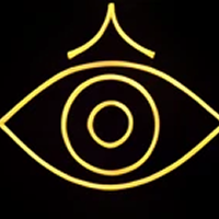 Yellow neon eye symbol on black background.