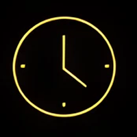 Yellow neon clock on black background.